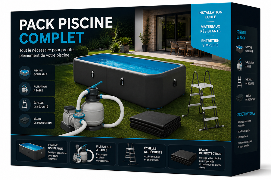 Pack complet Piscine Bluō Ronde Ø 3,7 m : piscine, pompe de filtration, échelle et bâche